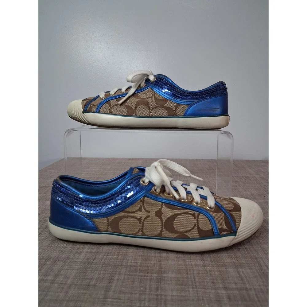 Coach Zorra Signature Monogram Metallic Blue Sequin Sneakers A1412 Womens 8.5B